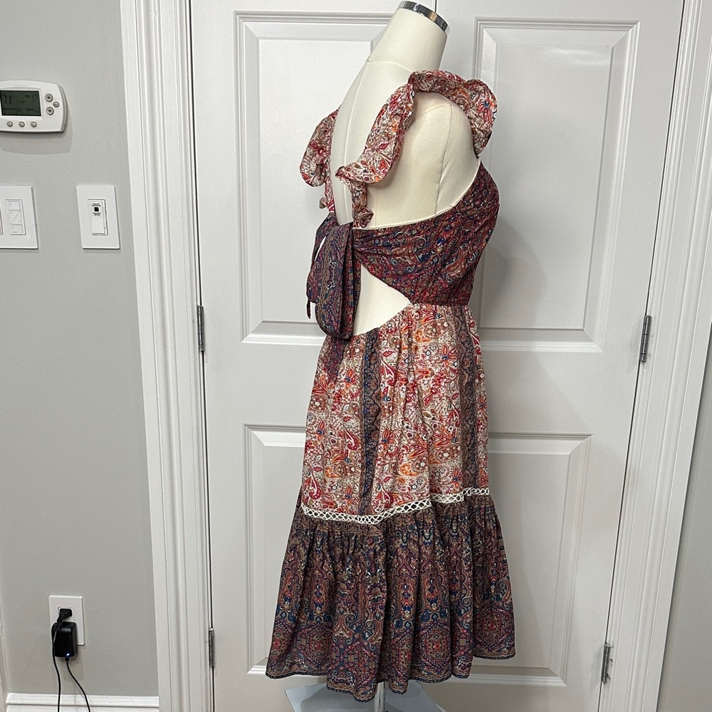 Haute Hippie Brown Cotton Boho Ruffles Peasant Vintage Tie Back Dress Size 10 - Picture 10 of 14